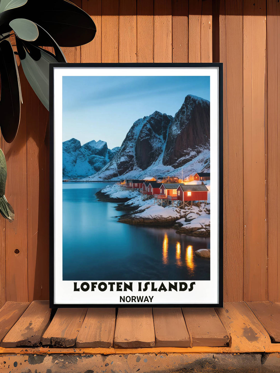 Arctic wonderland landscape art print of Lofoten Islands Norway with towering peaks, pristine snow, turquoise fjord water, golden cabin window reflections