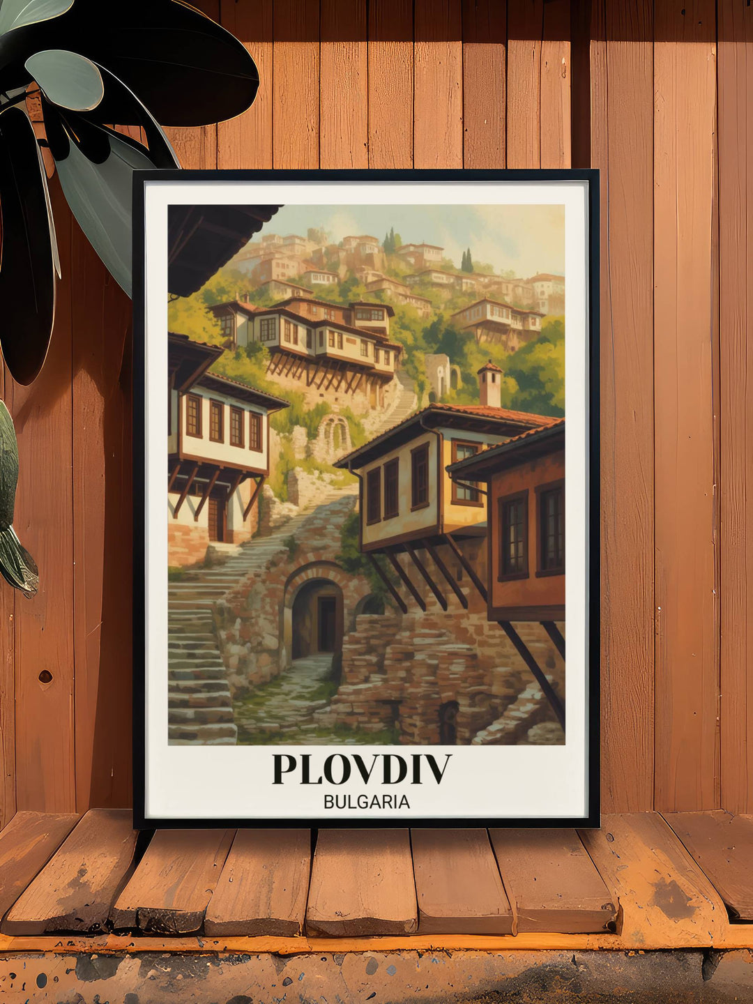 Travel poster of Plovdiv in vintage style showing ancient city with stepped architecture, narrow streets, traditional buildings, and romantic Mediterranean aesthetic