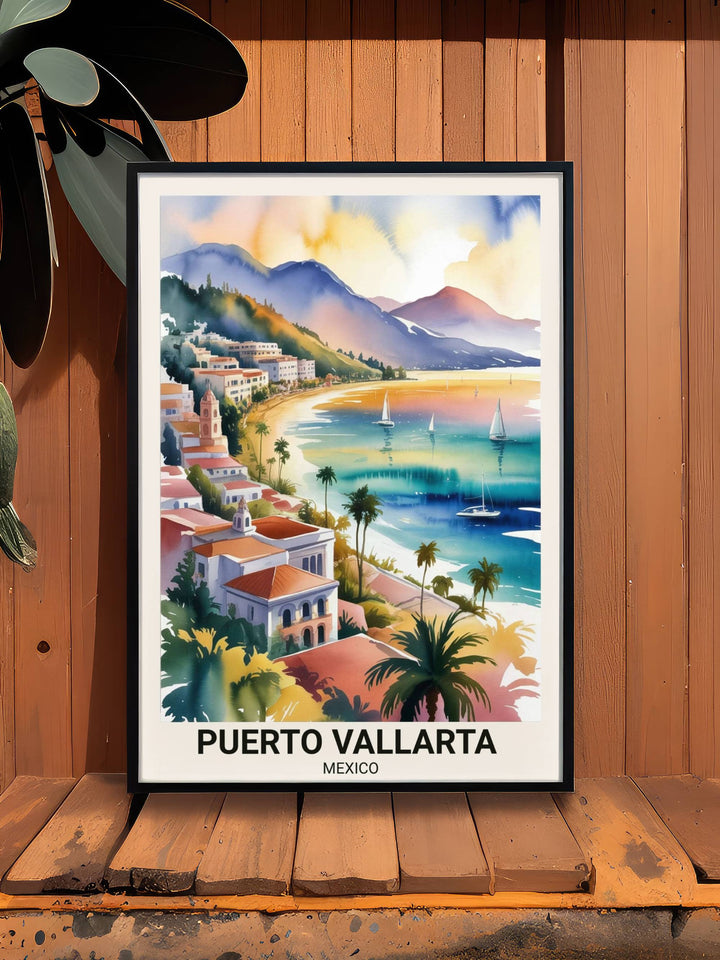 Museum-grade watercolor poster of Puerto Vallarta Jalisco, highlighting the intricate details of the stone architecture and the warm, incandescent glow of the Mexican sun.