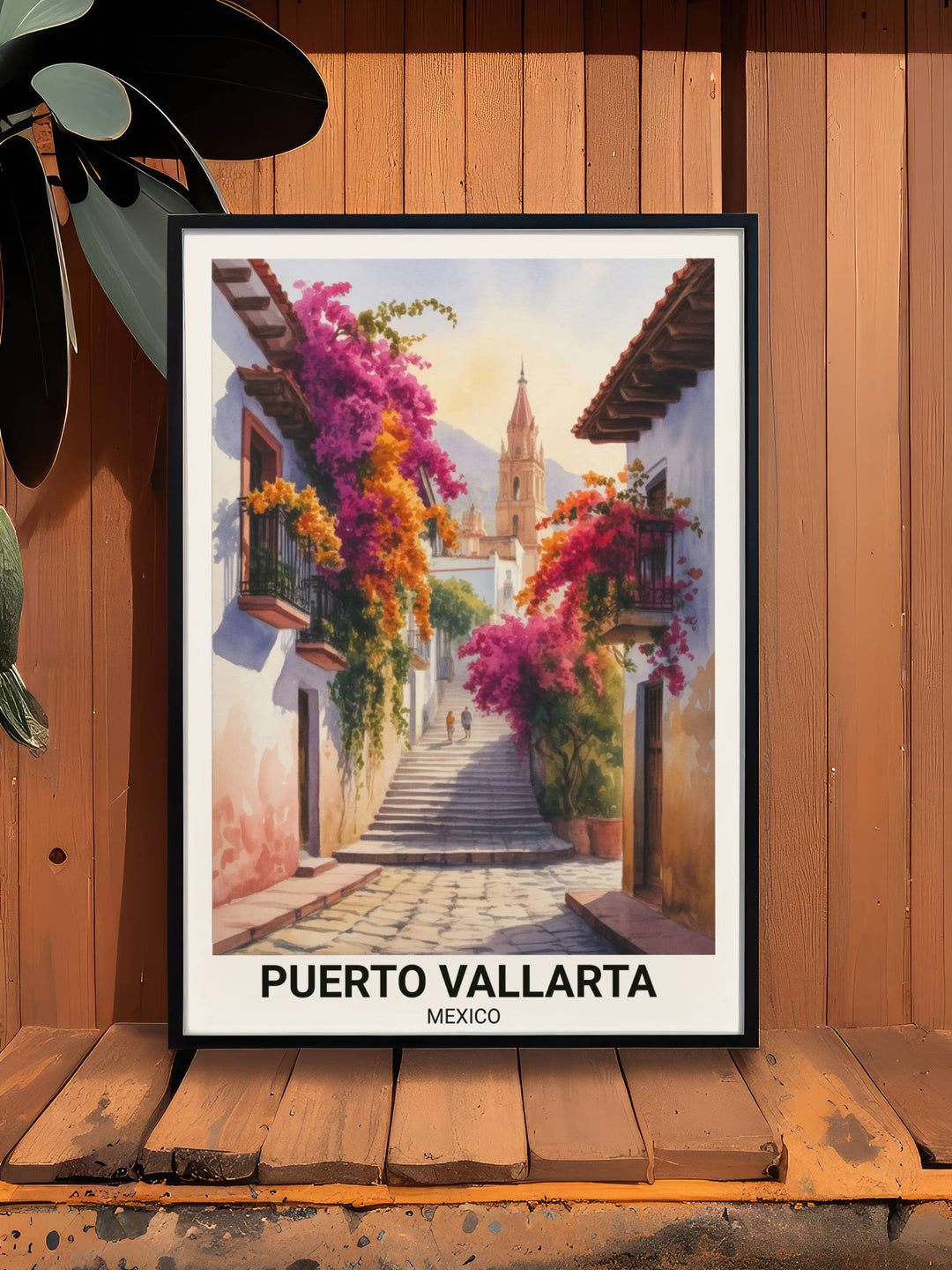 High-quality watercolor poster of a scenic Mexican alleyway leading to a landmark church, highlighting the contrast between sun-drenched stone and deep floral shadows in Vallarta.