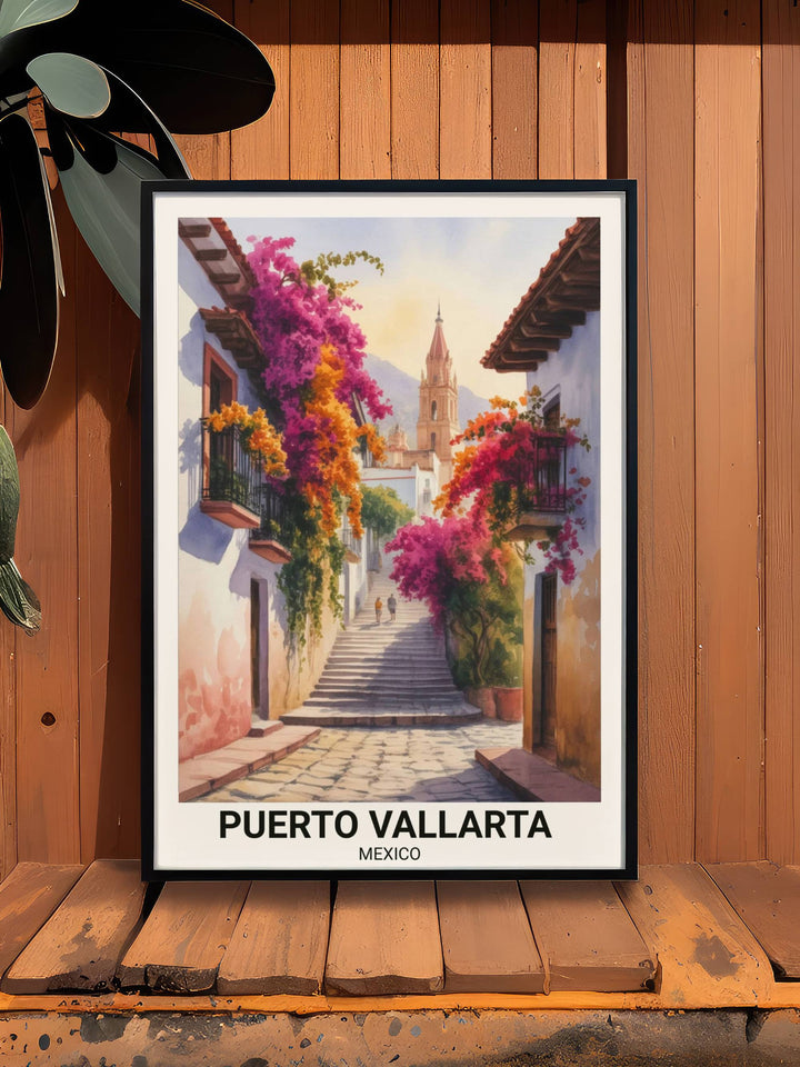 High-quality watercolor poster of a scenic Mexican alleyway leading to a landmark church, highlighting the contrast between sun-drenched stone and deep floral shadows in Vallarta.