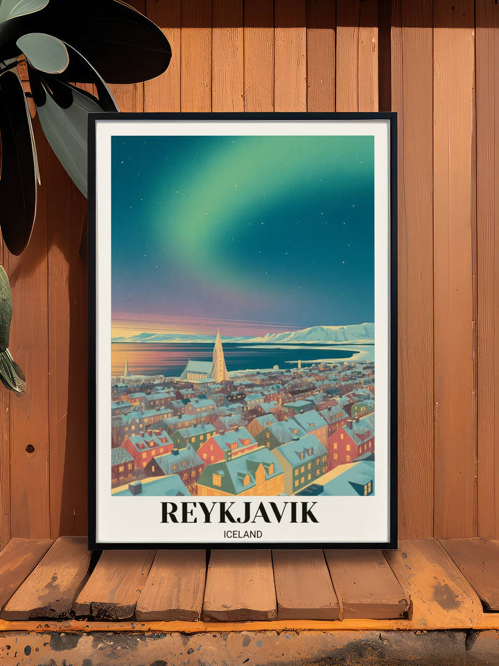 Museum quality Iceland print of Hallgrimskirkja and the city center under a sweeping, rhythmic teal and indigo Aurora Borealis sky.