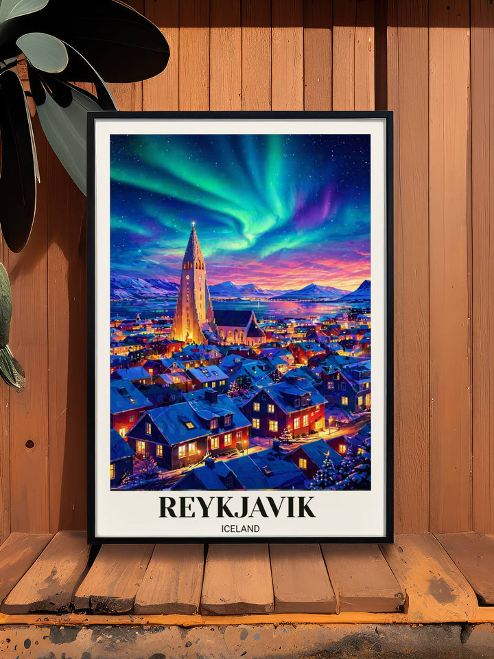 Museum-quality print of the Northern Lights in Reykjavik featuring the iconic church tower and glowing street lights of a peaceful, snowy Icelandic neighborhood at twilight.