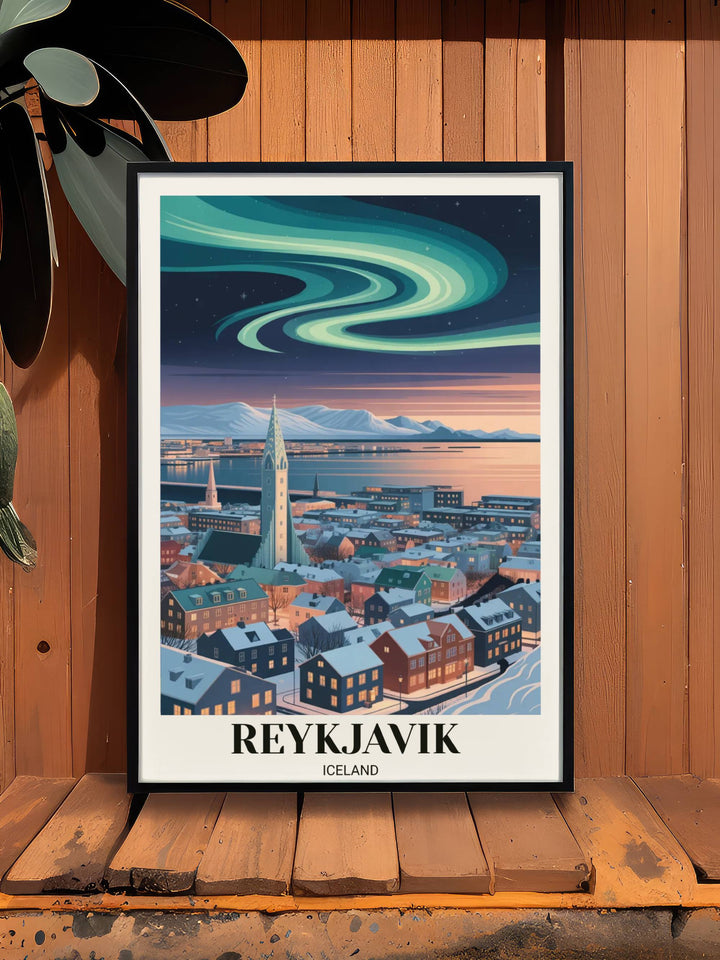 Contemporary travel decor of Reykjavik Iceland at peak aurora activity with rich violet and lime green sky colors in an etched style.