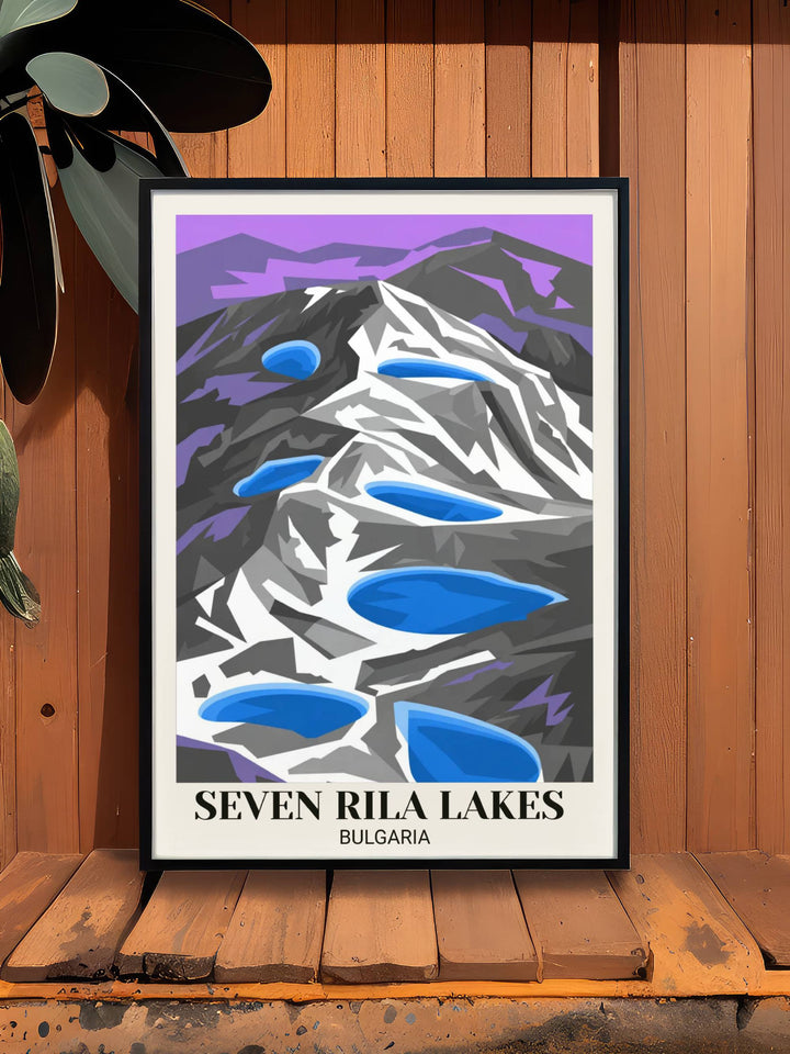 Bold modern Seven Lakes Bulgaria poster with geometric alpine interpretation, vibrant colors, mountain peaks, glacial lakes, and contemporary minimalist illustration