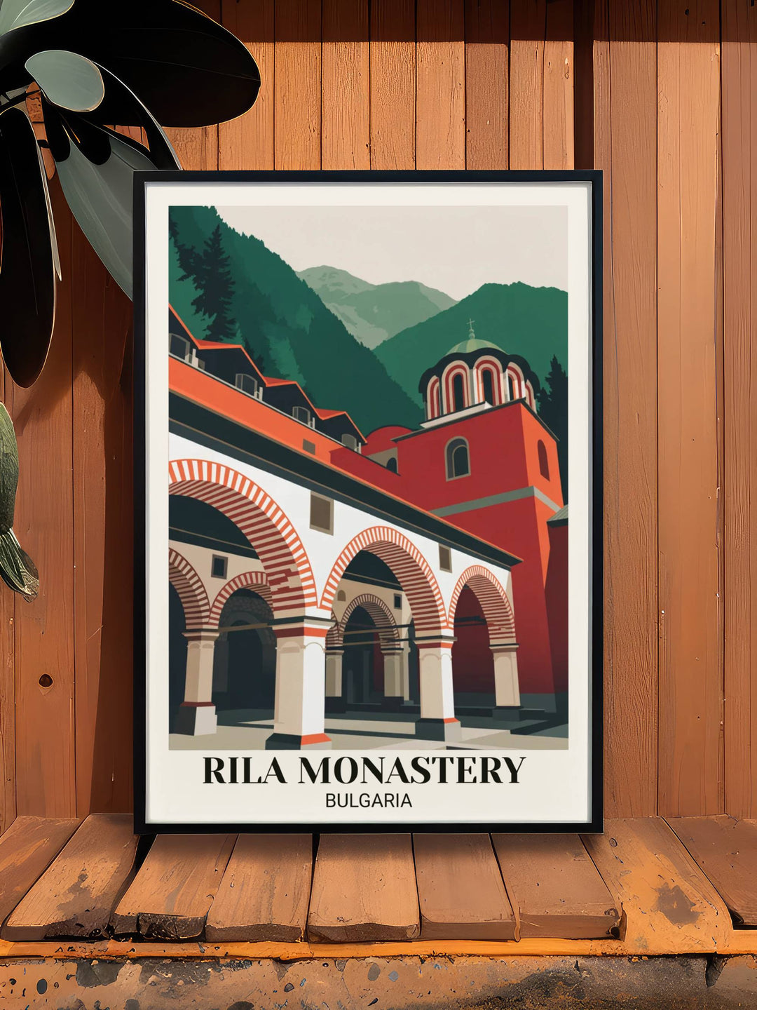 Modern geometric Rila Monastery poster art showing simplified Buddhist monastery architecture, bold red and white colors, clean lines, and contemporary flat design
