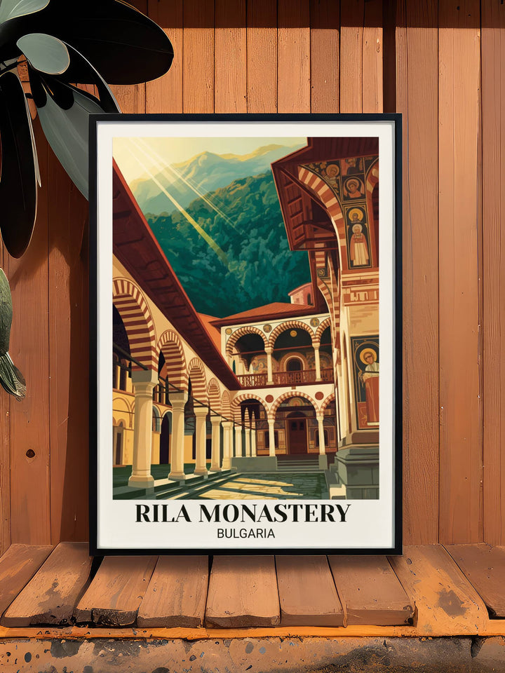 Travel poster of Rila Monastery in vintage style showing monastic architecture, striped arches, Byzantine details, mountain backdrop, and romantic spiritual atmosphere
