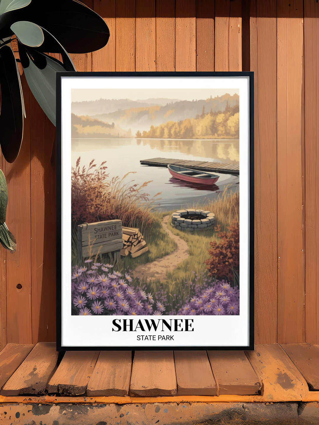Fine art print of a remote Ohio state park lake with a red boat and stone fire pit, using elegant serif typography for Shawnee State Park and Ohio at the bottom of the design.