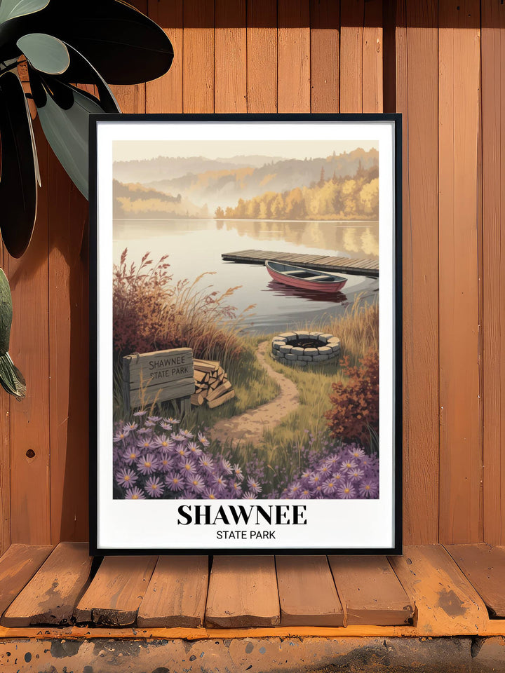 Fine art print of a remote Ohio state park lake with a red boat and stone fire pit, using elegant serif typography for Shawnee State Park and Ohio at the bottom of the design.