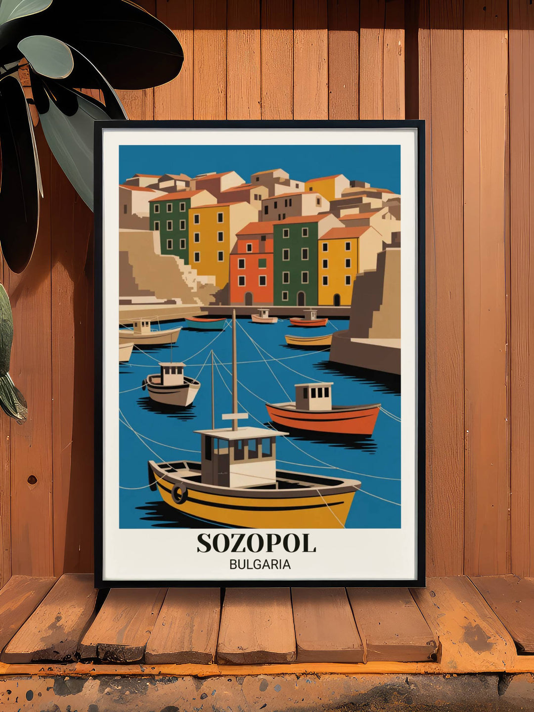 Contemporary geometric Sozopol poster with modern harbor representation, bold colors, minimalist composition, and digital illustration style
