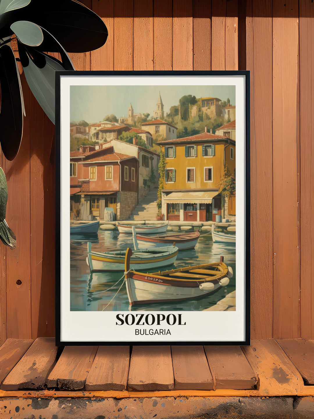 Travel poster of Sozopol in vintage style showing charming Black Sea harbor, traditional fishing boats, colorful architecture, and bohemian Mediterranean village charm
