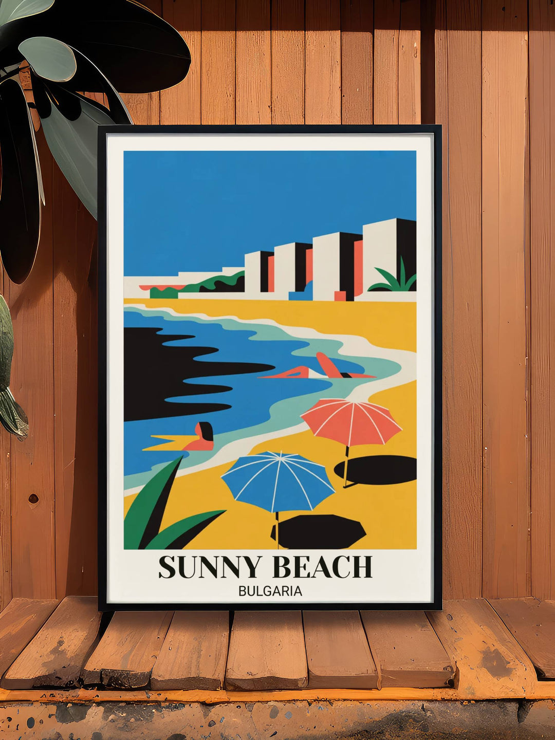 Bold modern Sunny Beach Bulgaria poster with geometric beach resort interpretation, vibrant colors, umbrellas, swimmers, and contemporary minimalist illustration
