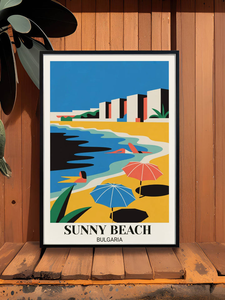 Bold modern Sunny Beach Bulgaria poster with geometric beach resort interpretation, vibrant colors, umbrellas, swimmers, and contemporary minimalist illustration
