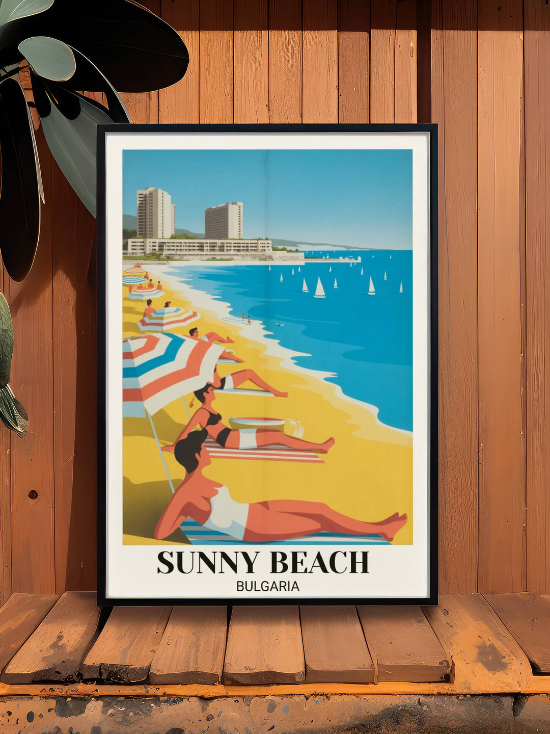 Travel poster of Sunny Beach in vintage style showing retro 1970s resort beach, tourists, umbrellas, turquoise waters, sailboats, and cheerful vacation mood