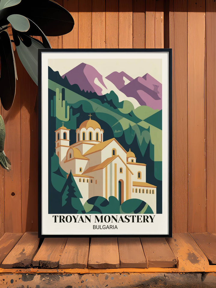 Modern geometric Troyan Monastery poster art showing simplified monastery sanctuary, bold colors, geometric architecture, and contemporary flat design
