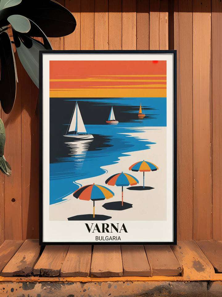 Modern Varna Bulgaria travel art with minimalist aesthetic, electric blues, vibrant oranges, geometric elements, sailboats, and contemporary flat design illustration
