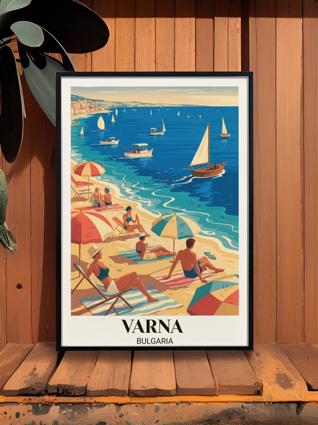 Travel poster art of Varna Bulgaria in vintage 1950s Balkantourist style with pristine beaches, traditional sailing vessels, sunbathers, umbrellas, and warm saturated colors
