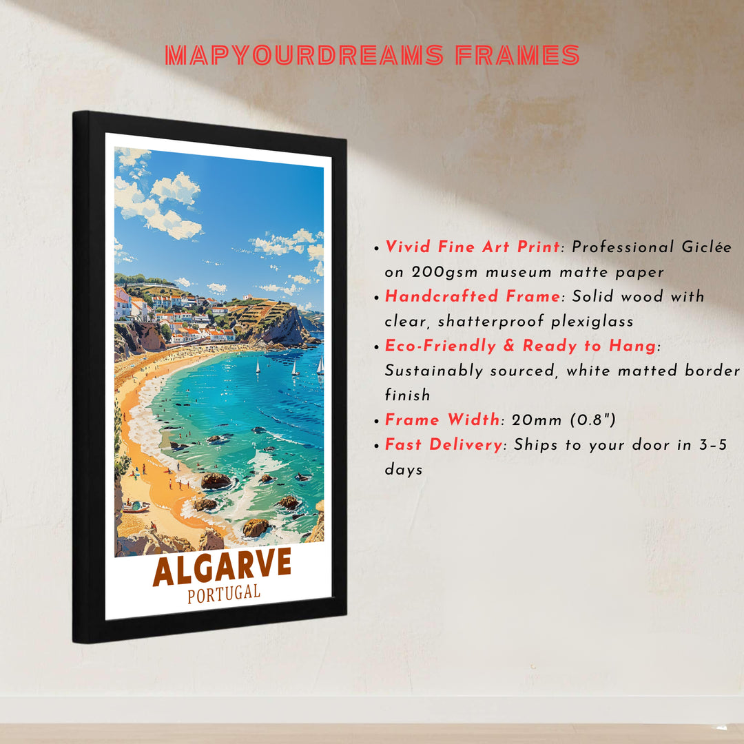 Golden sand beaches meet clear Atlantic waves at Lagos, Algarve, Portugal in this art print. Discover ready-to-hang framed, unframed, and canvas options available at MapYourDreams for summer room decor.