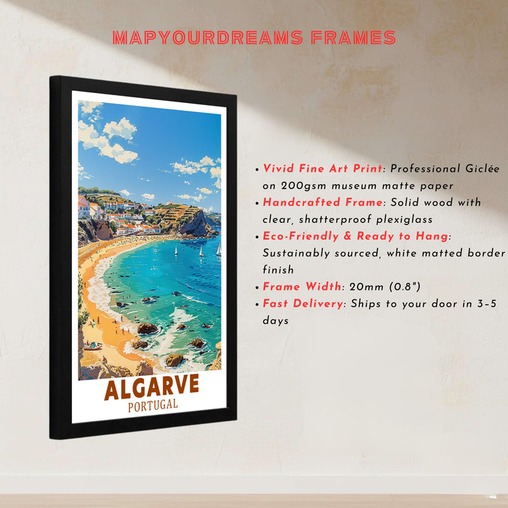 Golden sand beaches meet clear Atlantic waves at Lagos, Algarve, Portugal in this art print. Discover ready-to-hang framed, unframed, and canvas options available at MapYourDreams for summer room decor.