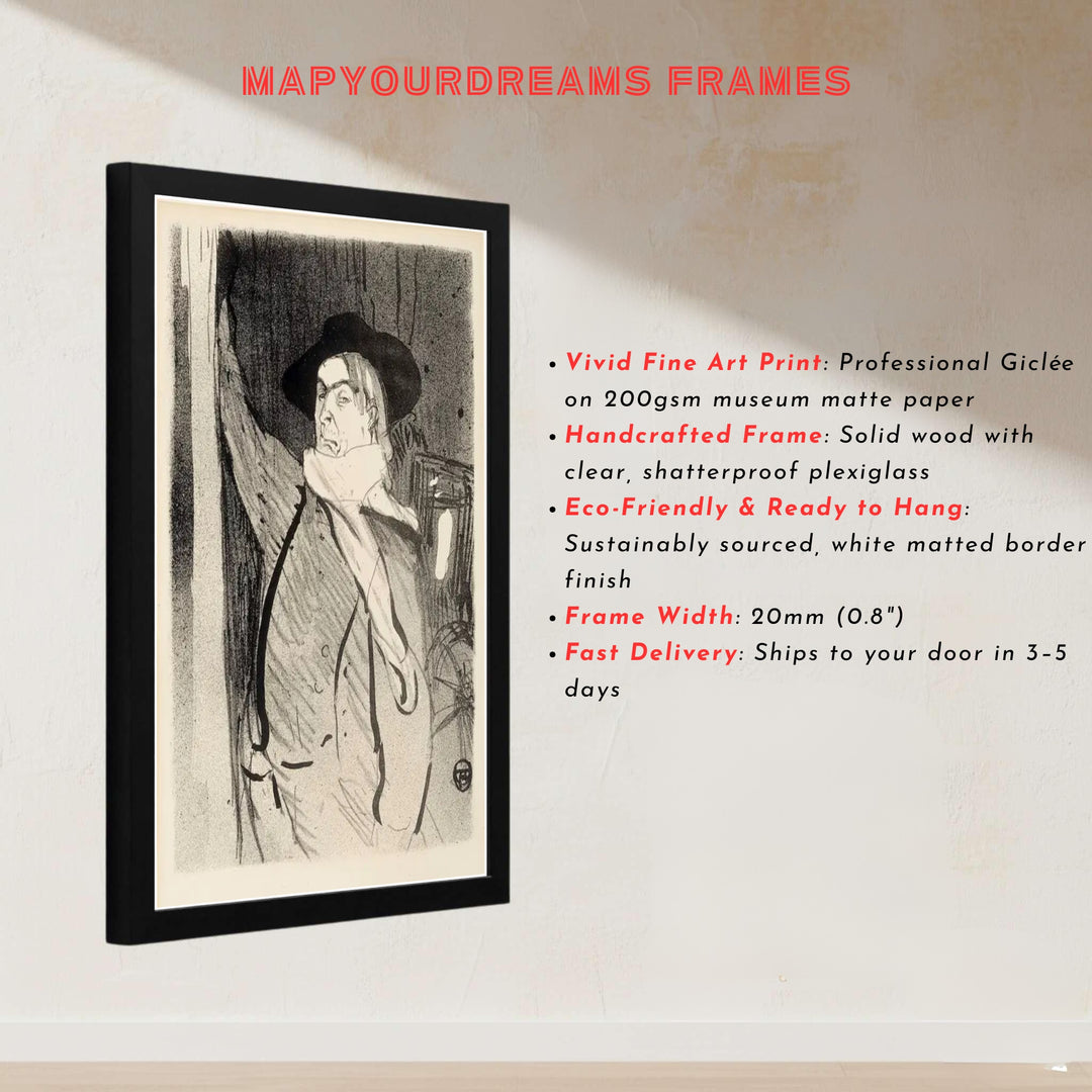 Antique Paris France singer portrait print of Henri de Toulouse-Lautrec Aristide Bruant 1893 perfect for moody office decor in Montmartre Paris France. Explore ready-to-hang framed, unframed, and canvas wall decor at MapYourDreams.