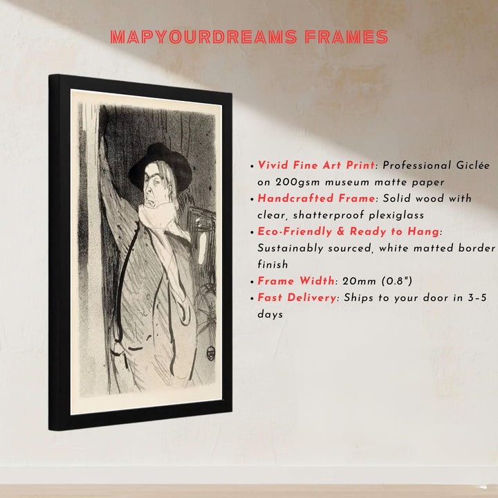 Antique Paris France singer portrait print of Henri de Toulouse-Lautrec Aristide Bruant 1893 perfect for moody office decor in Montmartre Paris France. Explore ready-to-hang framed, unframed, and canvas wall decor at MapYourDreams.