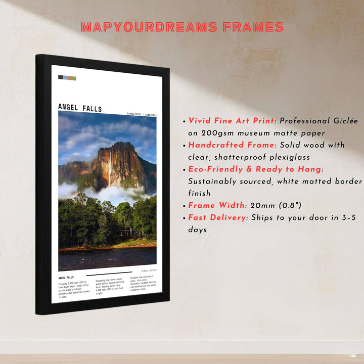 Museum style travel illustration combining vivid photography with geographic coordinates and natural color swatches. Handcrafted by MapYourDreams, customers can select from convenient options like unframed prints, ready-to-hang wooden frames, or gallery canvas wraps.