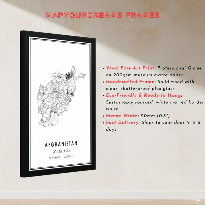 Technical road map print of Afghanistan in South Asia featuring bold sans-serif text and geographic coordinates, offered by MapYourDreams as an unframed print, canvas wall art decor, or custom framed wall print in pure gold and bronze for elegant study rooms.