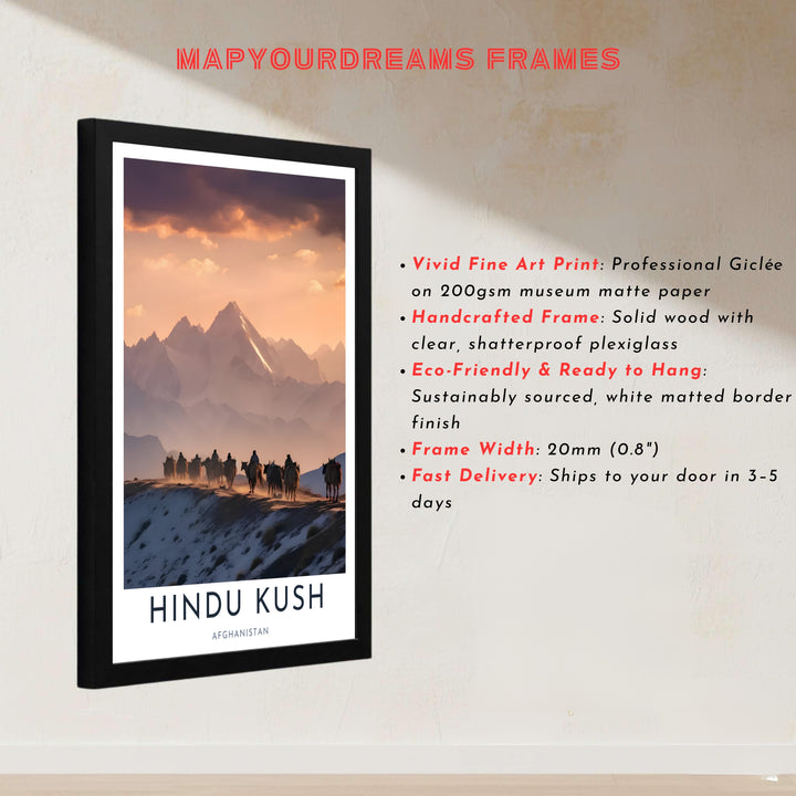 Alpine travel poster of the Hindu Kush mountains in Afghanistan featuring glowing sunset peaks and a caravan line, offered by MapYourDreams as an unframed print, canvas wall art decor, or custom framed wall print in pure gold and bronze frames for dining room display.