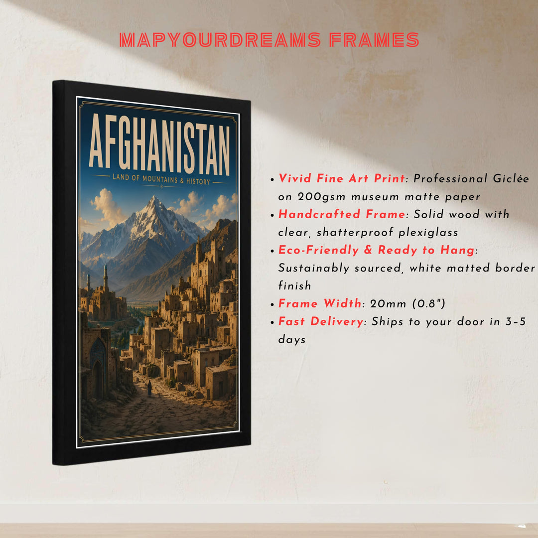 Alpine travel poster of an ancient mountain citadel in Afghanistan rendered in rich warm ochre and sky blue colors, offered by MapYourDreams as an unframed print, canvas wall art decor, or custom framed wall print in pure gold and bronze frames for dining room decor.