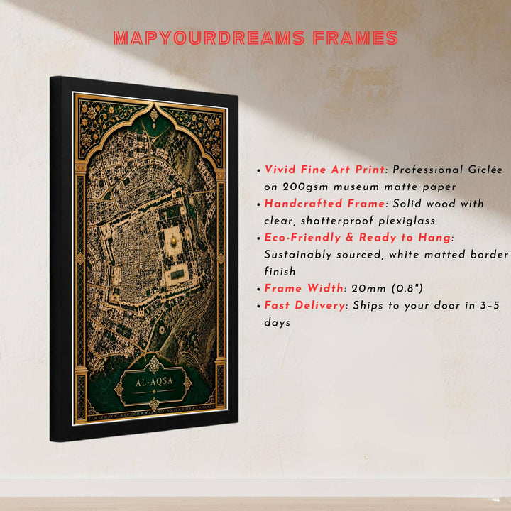 Regal green and gold map poster of Al Aqsa Compound in Jerusalem Old City with fine line layout. Made by MapYourDreams, this artwork is available in flexible options including unframed paper, custom wooden frames, and gallery canvas wraps for sophisticated home decor.