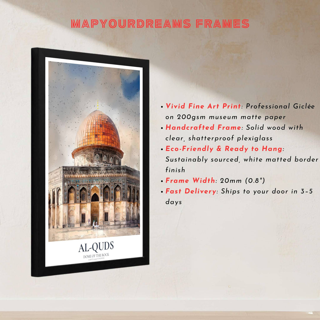Expressive Al Quds Jerusalem poster displaying Dome of the Rock architecture with soft sky washes and flying birds. Offered by MapYourDreams, this artwork is available in flexible options including unframed paper, custom wooden frames, and gallery canvas wraps to enhance any room.