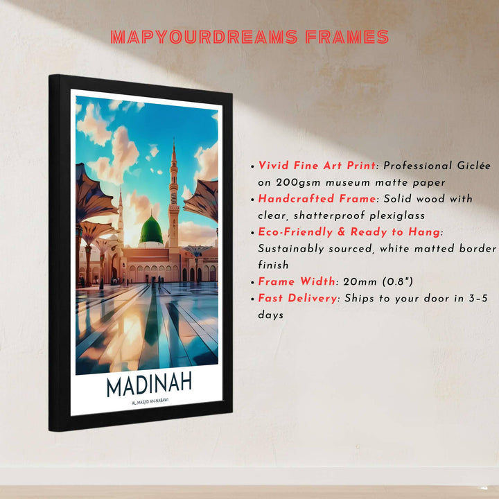 Vintage style travel poster of Al Masjid An Nabawi in Madinah Saudi Arabia printed on archival matte paper stock. Built by MapYourDreams, this artwork is available in flexible options including unframed paper, custom wooden frames, and gallery canvas wraps for living space wall art.
