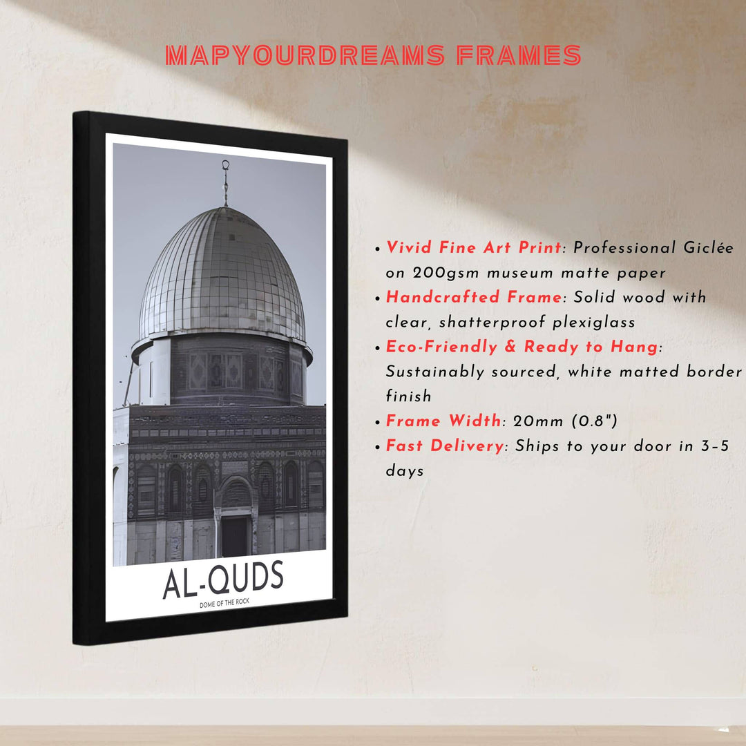 Black and white art print of the sacred Dome of the Rock in Jerusalem Palestine with sharp geometric structural detailing. Built by MapYourDreams, this artwork is available in flexible options including unframed paper, custom wooden frames, and gallery canvas wraps for modern apartment decor.