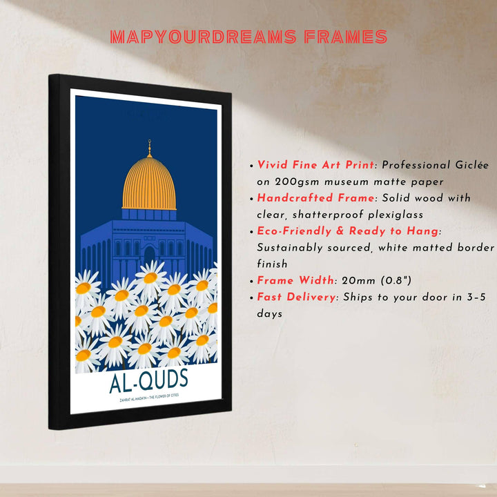 Vector graphic art print of the sacred Dome of the Rock in Jerusalem Palestine with vibrant white daisy field. Built by MapYourDreams, this artwork is available in flexible options including unframed paper, custom wooden frames, and gallery canvas wraps for modern apartment decor.