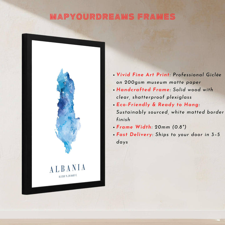 Artistic watercolor country outline of Albania presented in deep sky blue and navy shades for striking home interior aesthetics and curated focal points. Offered by MapYourDreams, this artwork is available in flexible options including unframed paper, custom wooden frames, and gallery canvas wraps for room decor.