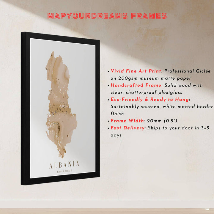 Geographic map poster of Albania highlighting its country borders in fluid beige ink and gold details on a crisp white archival paper substrate. Offered by MapYourDreams, this artwork is available in flexible options including unframed paper, custom wooden frames, and gallery canvas wraps.
