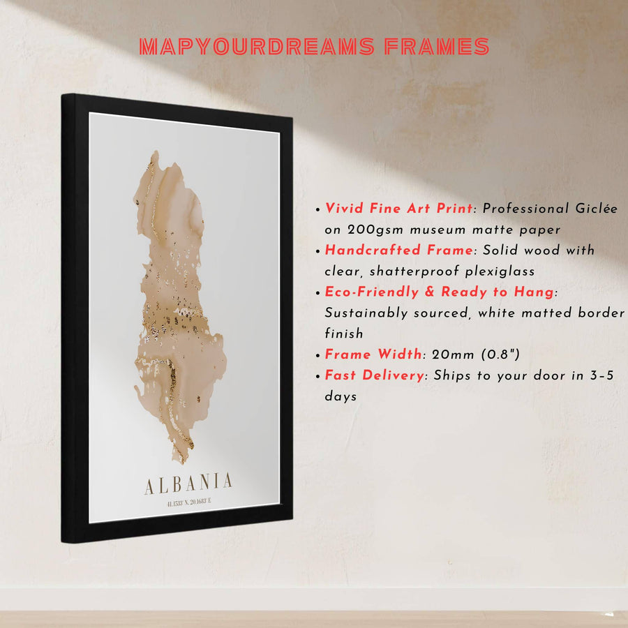 Geographic map poster of Albania highlighting its country borders in fluid beige ink and gold details on a crisp white archival paper substrate. Offered by MapYourDreams, this artwork is available in flexible options including unframed paper, custom wooden frames, and gallery canvas wraps.