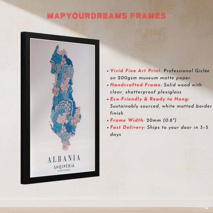 Geographic map poster of Albania highlighting its country borders filled with floral tapestry art on a crisp off-white archival paper substrate. Offered by MapYourDreams, this artwork is available in flexible options including unframed paper, custom wooden frames, and gallery canvas wraps.