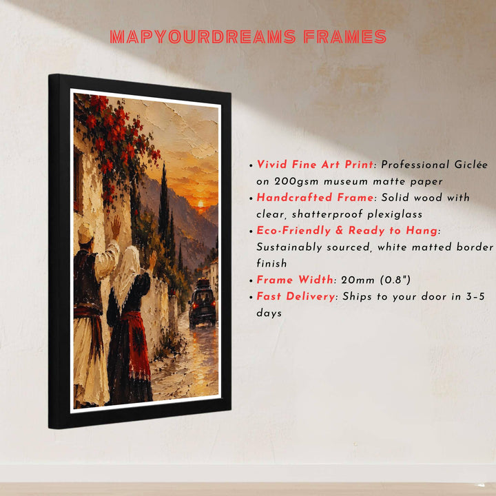 Geographic cultural poster of Albania highlighting traditional folk costumes and stone architecture in rich oil impasto style on archival substrate. Offered by MapYourDreams, this artwork is available in flexible options including unframed paper, custom wooden frames, and gallery canvas wraps.