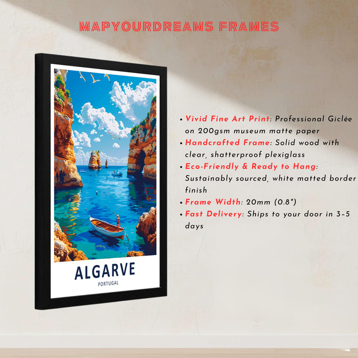 Impressionist rock textures and radiant ocean water reflections elevate this Benagil sea cave poster design by MapYourDreams featuring Portugal. Buyers can choose a lightweight unframed poster, solid framed display, or canvas.