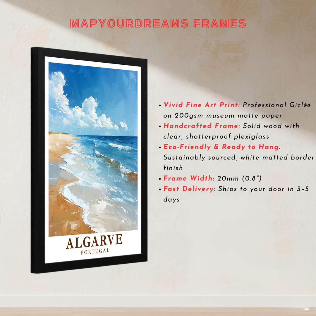 Gentle turquoise waves and bright summer skies at Algarve Beach, Portugal decorate this wall art print piece. Buy long-lasting framed, unframed, and canvas poster options at MapYourDreams to expand your decor set.