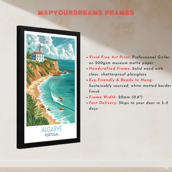 Vibrant ocean teal tones contrast with warm terracotta earth in this Algarve print, presented in a natural wood frame perfect for minimalist and bohemian home wall decor setups.