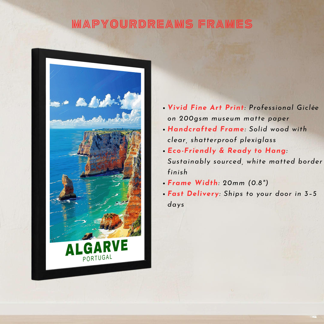 Bright sunlight illuminates sea stack formations and turquoise waters in this Algarve Cliffs, Portugal poster print. MapYourDreams provides stylish framed, unframed, and canvas options for bright living room decor.