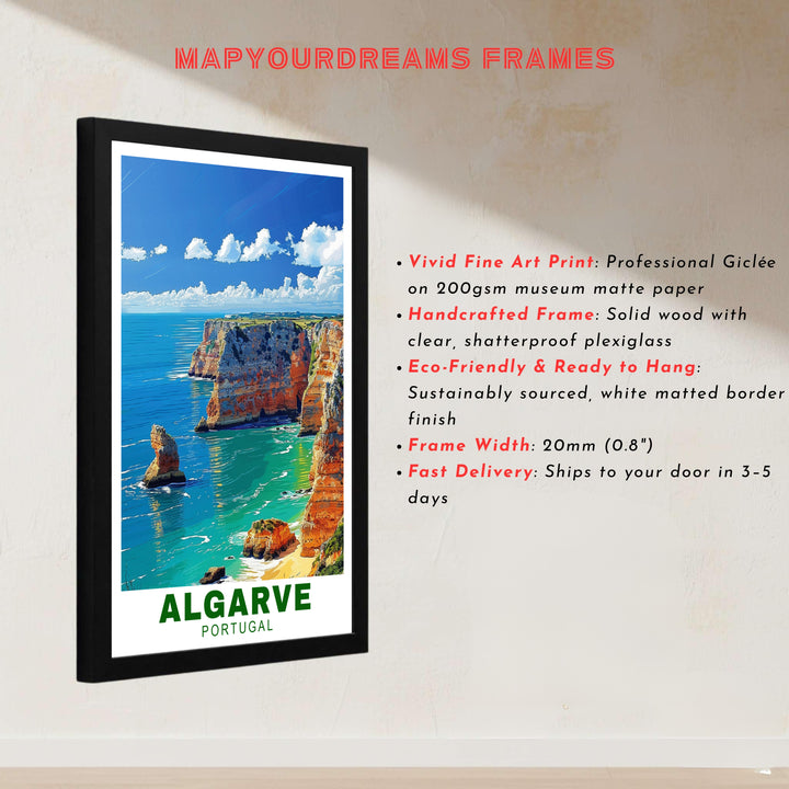 Bright sunlight illuminates sea stack formations and turquoise waters in this Algarve Cliffs, Portugal poster print. MapYourDreams provides stylish framed, unframed, and canvas options for bright living room decor.