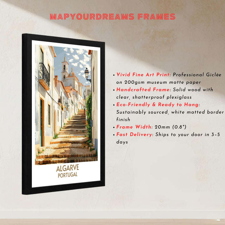 Terracotta roofing and historic church architecture in the Faro Old Town, Portugal district decorate this wall art print piece. Buy long-lasting framed, unframed, and canvas poster options at MapYourDreams for decor.