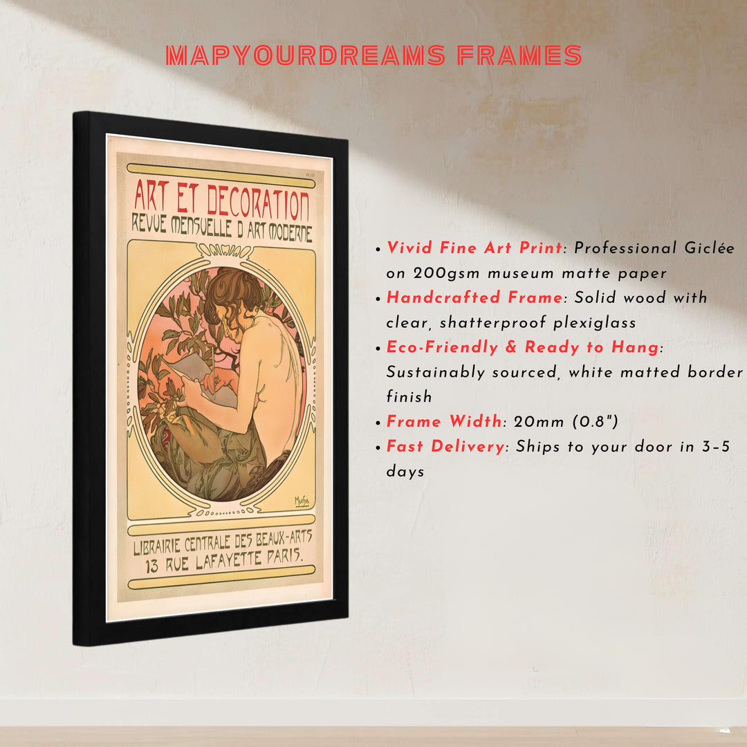 French museum exhibition poster Art Et Decoration by artist Alphonse Mucha featuring an 1897 magazine cover lithograph at 13 Rue Lafayette Paris. MapYourDreams presents quality framed, unframed, and canvas print options for home decor.