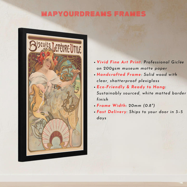 French museum exhibition poster Biscuits Lefevre Utile by artist Alphonse Mucha featuring an 1896 food advertisement lithograph in Nantes France. MapYourDreams presents quality framed, unframed, and canvas print options for home decor.