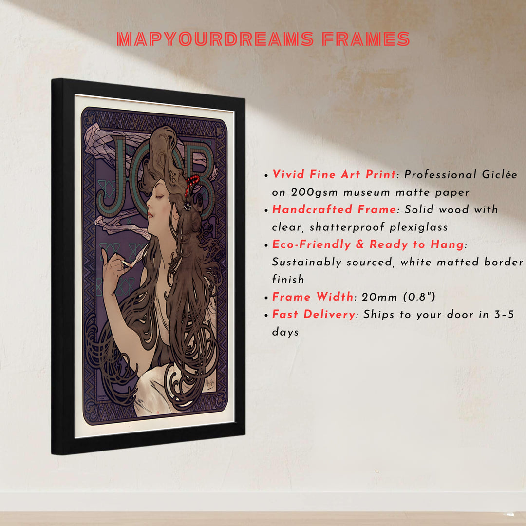 Bohemian French maiden canvas print showcasing JOB Cigarette Papers vintage artwork by artist Alphonse Mucha set in Paris France. Buy high-definition framed, unframed, and canvas poster prints directly from MapYourDreams.