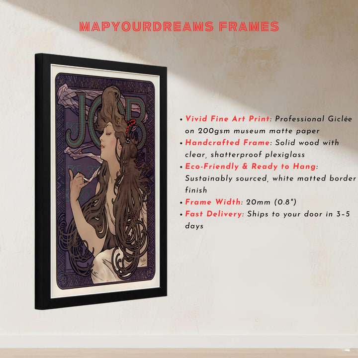 Bohemian French maiden canvas print showcasing JOB Cigarette Papers vintage artwork by artist Alphonse Mucha set in Paris France. Buy high-definition framed, unframed, and canvas poster prints directly from MapYourDreams.
