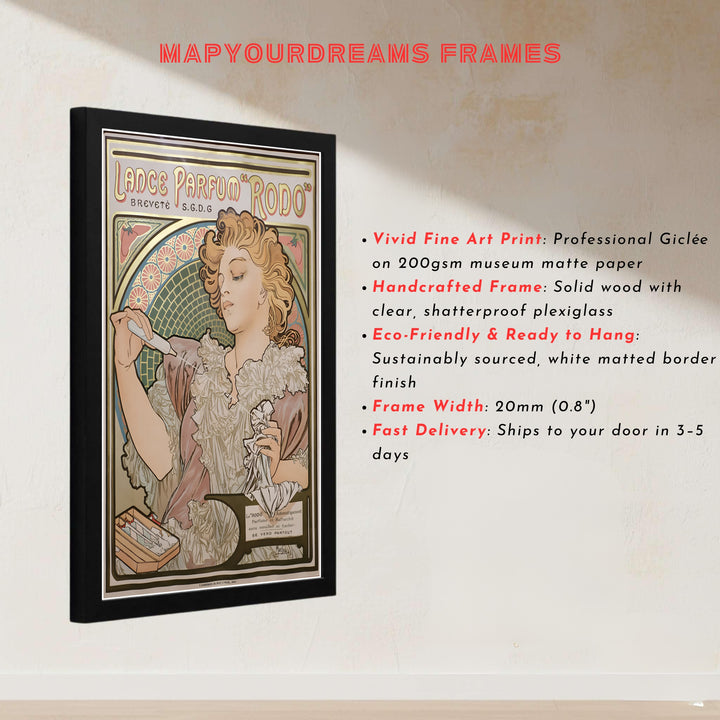 Vintage European portrait art showing Lance Parfum Rodo print by artist Alphonse Mucha inspired by vintage travel art in Paris France. Explore ready-to-hang framed, unframed paper, and gallery canvas wall decor at MapYourDreams.